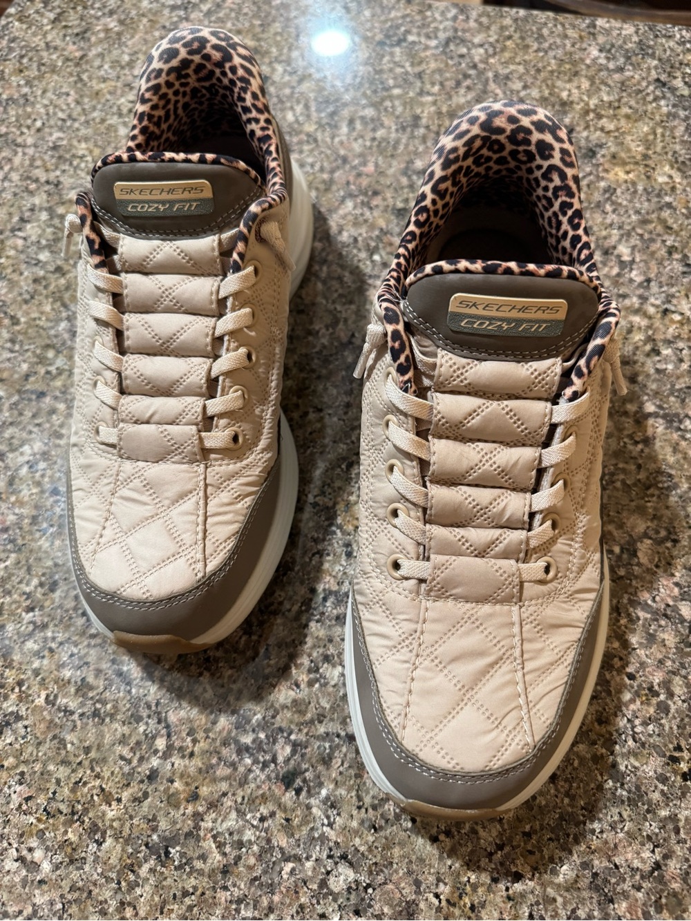 Skechers Slip-ins Cozy Fit Quilted Beige Sneakers with Leopard Trim Size 8
